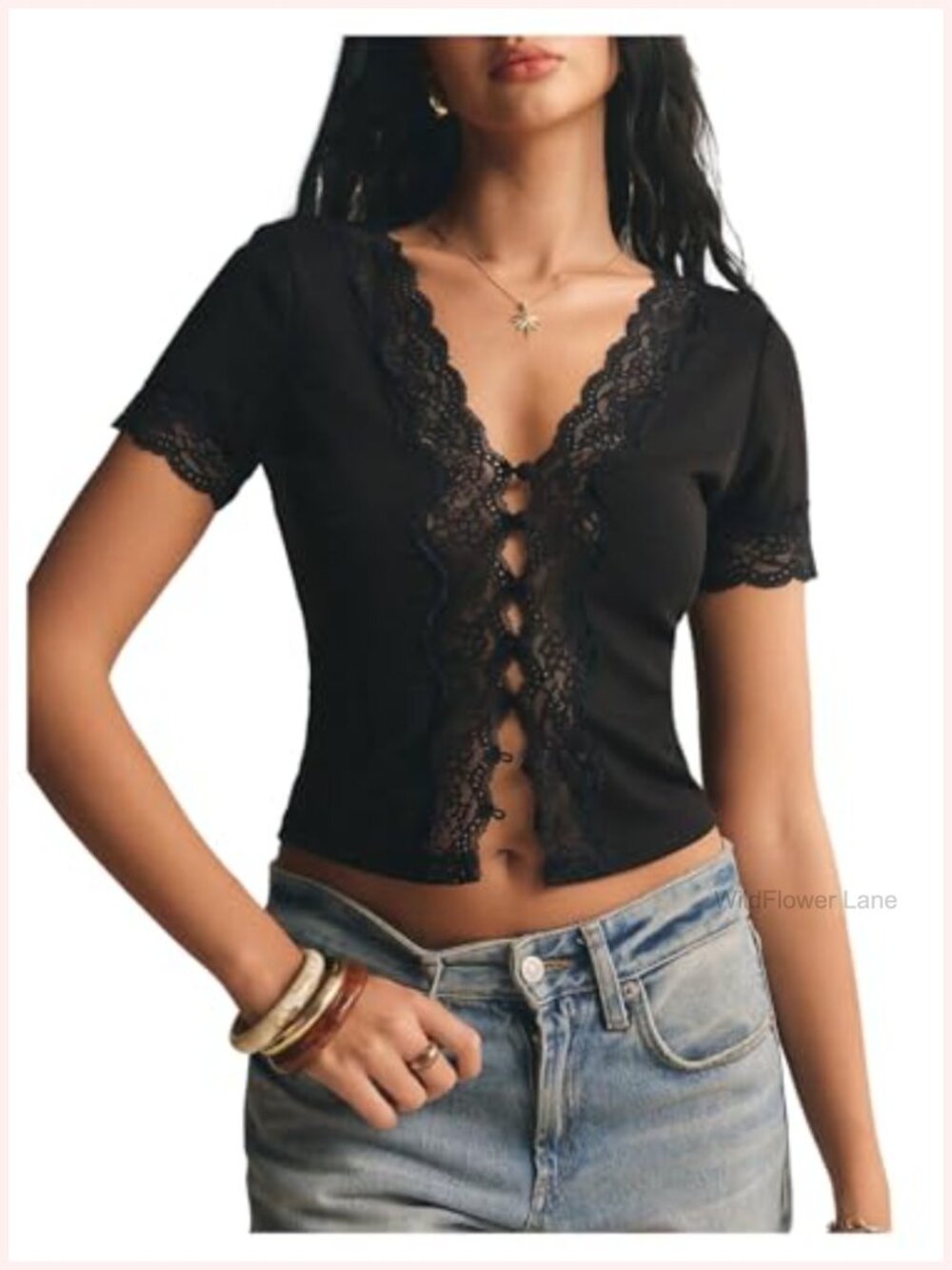 Women's Lace Crop Top V Neck Button Down Summer Blouse